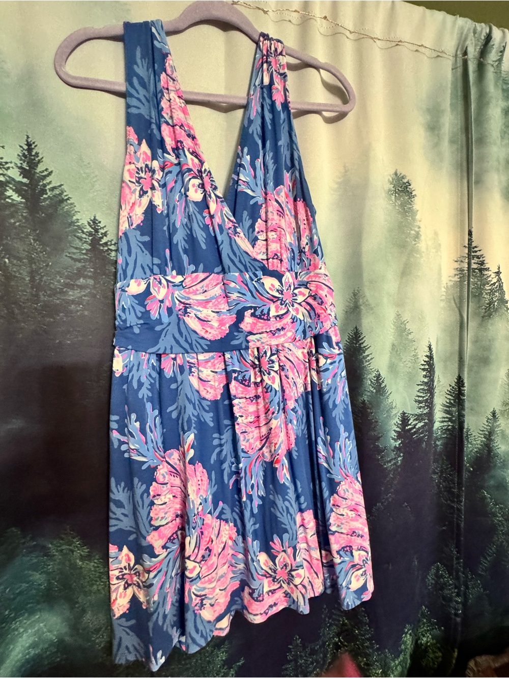 Lilly Pulitzer Blue Floral V-Neck Romper with Pink Accents